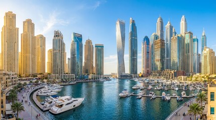 Fototapeta premium Panoramic View Dubai Marina Modern City Skyscrapers Yachts