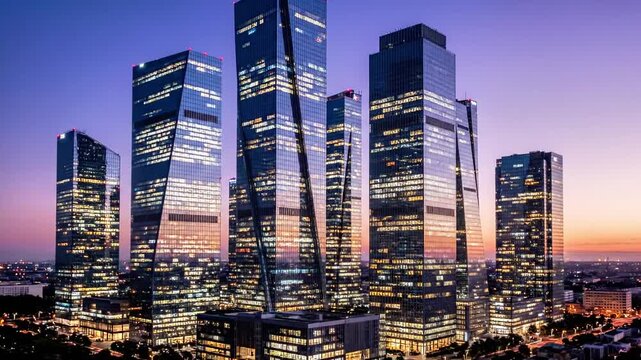 A panoramic view of a modern city skyline at dusk, featuring a cluster of sleek, illuminated skyscrapers with reflective glass facades, set against a vibrant purple and orange sky