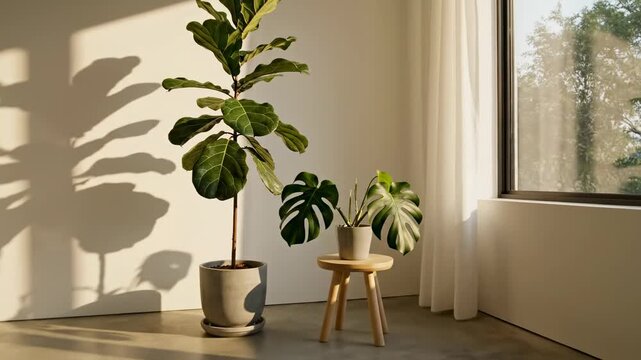 Bright Minimalist Interior With Large Fiddle Leaf Fig Plant And Monstera In Sunlight