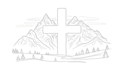 Naklejka premium Large Christian Cross Standing Tall Against Majestic Mountain Landscape Minimal Line Art Vector on White Background.