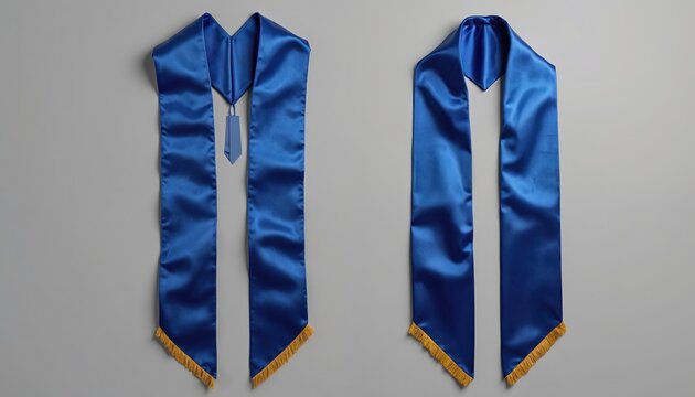 Two blue satin graduation stoles with gold fringe hang on a neutral background. These academic sashes are perfect for school ceremonies, honors, and achievements.