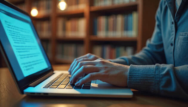 Person types essay on laptop in library. Hands on keyboard, screen glows. Bookshelves in background create quiet study atmosphere. Focused learning scene.