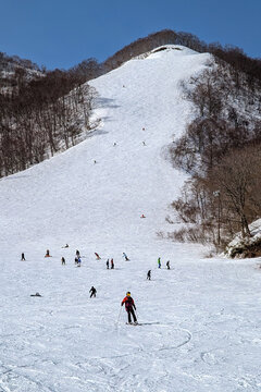 Wide view of a snowy ski slope with many people skiing and snowboarding in winter
