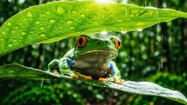 Red-eyed tree frog sheltering under leaf during rain in tropical rainforest