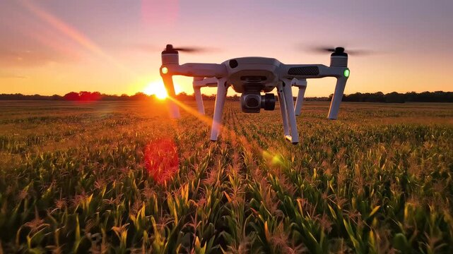 Drone flying over cornfield at sunset