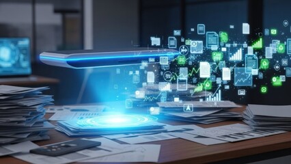 Fototapeta premium A futuristic office desk with a holographic display and a stack of documents.