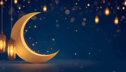 Fototapeta premium Luxury Islamic night background with glowing golden crescent moon, hanging lanterns, and sparkling stars on deep blue backdrop. Elegant festive design, Ramadan promotions, banners, and greetings.