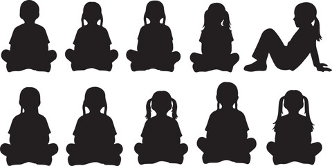 Set of eight black silhouettes of children sitting and relaxing in various poses, including cross-legged and upright positions on white, © MdMufassel