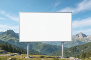 A blank billboard stands prominently in a scenic natural environment
