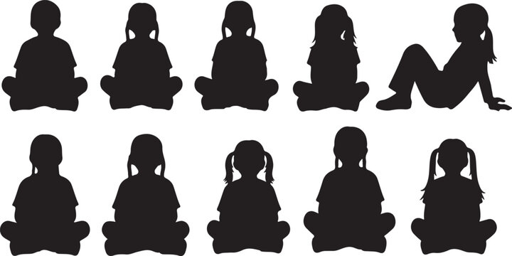 Set of eight black silhouettes of children sitting and relaxing in various poses, including cross-legged and upright positions on white,