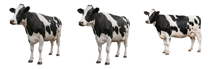 : Holstein Friesian Dairy Cow Portraits - Detailed Black and White Spotted Cattle Isolated on White...