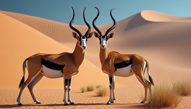 Two springboks stand in Namib desert sand dunes. They have long curved horns. Dry grass grows on sandy terrain under clear blue sky. Animals look towards camera.