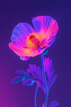 Futuristic Neon Flower popy on lilac Background, Digtal Art. Neon botanical. Fturistic floral design, elctric colors