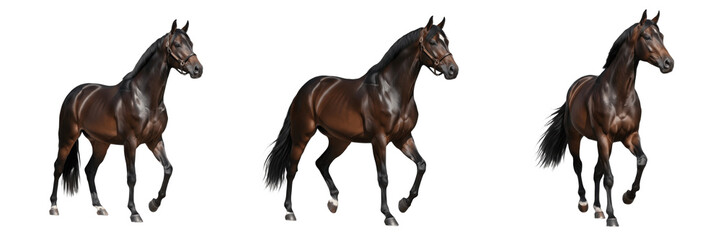 Fototapeta premium Three Bay Horses Isolated on White Background – Trio of Dark Brown Stallions Trotting Side View