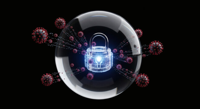 Conceptual 3D illustration of a digital security lock inside a protective sphere blocking virus attacks