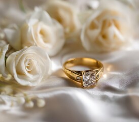 Golden Engagement Ring Amidst White Roses on Silky Fabric.