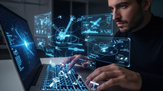 A man working on a laptop with holographic interfaces and data visualizations.