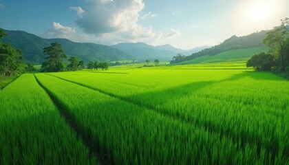 Obraz premium Expansive green rice fields blanketed in sunlight stretch towards distant misty mountains. Rich vegetation grows in terraced paddies under a bright partly cloudy sky.