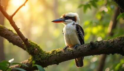 Obraz premium Kookaburra sits on mossy tree branch in forest. Bird looks to side with sunlight in background. Natural scene with green foliage and soft bokeh effect.