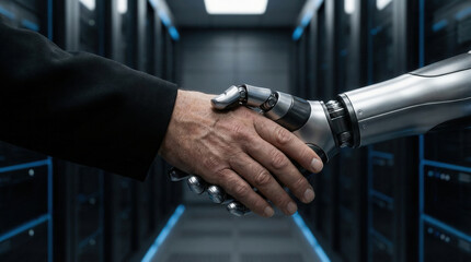 Robot shaking human hand in dark server corridor partnership concept