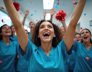 Fototapeta premium Hospital staff in scrubs cheer and toss confetti. Nurses celebrate achievement or holiday together. Team enjoys festive moment in bright hallway. Laughter and joy fill air during happy occasion.