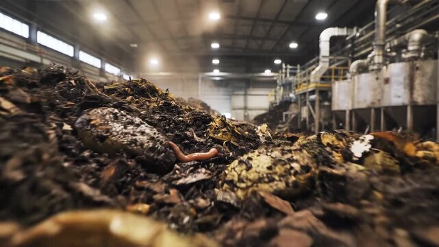 Industrial composting facility interior with large pile of organic waste and processing machinery in background with dramatic lighting