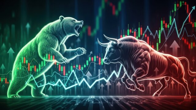 Two bears fighting on a stock market chart background. The concept of stock market volatility and competition.