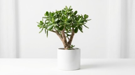 Fototapeta premium Minimalist Potted Jade Plant Against White Background
