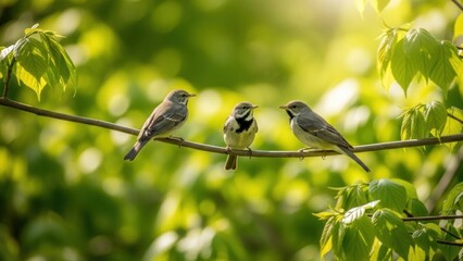 Three birds perched on a branch with green leaves in a forest setting.