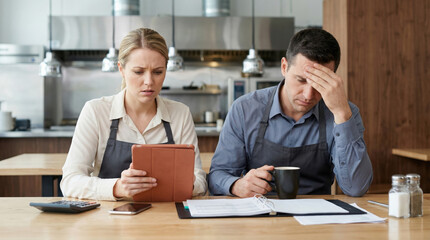 Fototapeta premium Business owner sad small business worry over tablet
