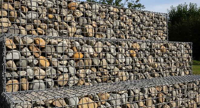 A retaining wall constructed from gabion baskets filled with rocks and stones in a landscaped outdoor setting viewed from the side