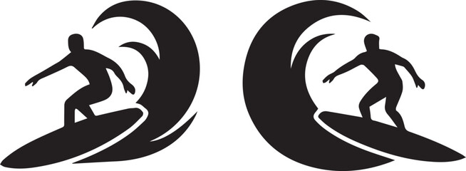 Obraz premium Symmetrical Silhouette of Surfer Riding Ocean Wave Vector Icons on White Background
