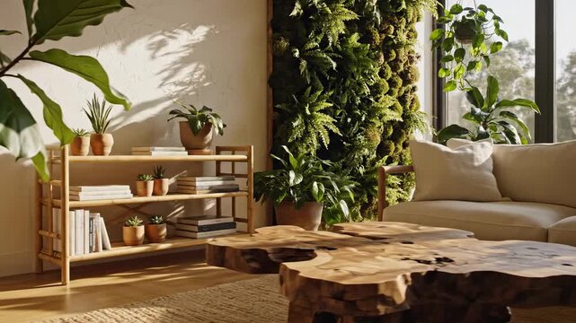 Serene Living Room With Abundant Natural Light And Lush Greenery And Wooden Furniture