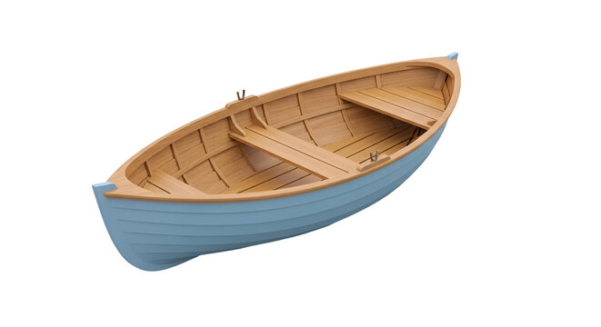 Light blue wooden rowboat with tan interior seats on black background