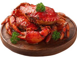 Vibrant red chili crabs served on a rustic wooden platter, garnished with fresh greens