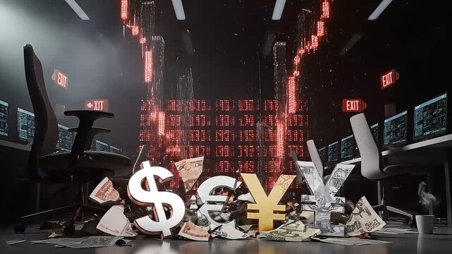 Currency symbols shattered on office floor with financial data on computer screens in dark room