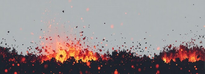 Éruption volcanique intense avec coulée de lave rougeoyante et projections de magma brûlant sous un ciel sombre chargé de fumée et de cendres.