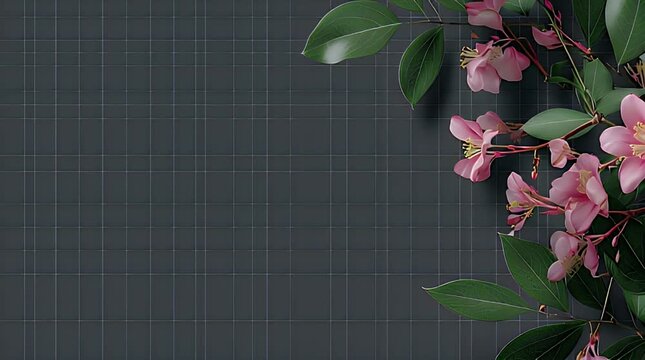 A dark gray tiled background is adorned with floral elements. Pink blossoms and green leaves form an elegant, natural composition