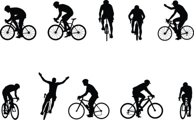 Fototapeta premium Silhouettes of cyclists celebrating and riding on white background cycling bicycle