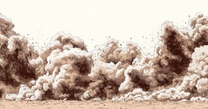 Une grande explosion de poussi&egrave;re et de sable s'&eacute;levant du sol dans un style d'illustration d&eacute;taill&eacute;e sur un fond blanc pour des effets visuels.