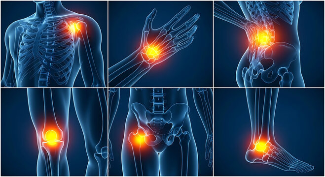 Human joint pain inflammation anatomy collection with shoulder wrist back knee hip ankle