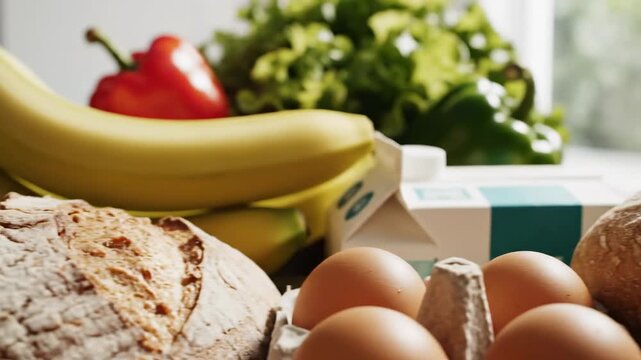 Fresh Produce Assortment With Bread And Eggs And Bananas In A Grocery Bag