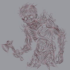 Horror Zombie Creature with Axe Line Art Illustration