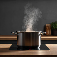 Steaming stainless steel pot on modern induction cooktop in minimalist kitchen, soft natural lighting and wooden countertop create warm simple culinary atmosphere