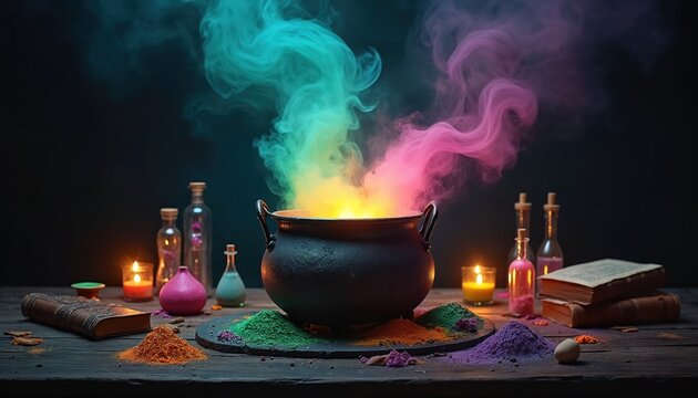Witch prepares potion in cauldron with colorful smoke rising. Bottles, candles, old books, and powders surround the mystical brewing setup. Magical, dark fantasy scene.