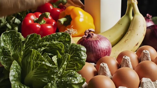 Fresh Groceries Including Bread Lettuce Eggs Bananas Onions And Bell Peppers Arranged Naturally With Soft Lighting
