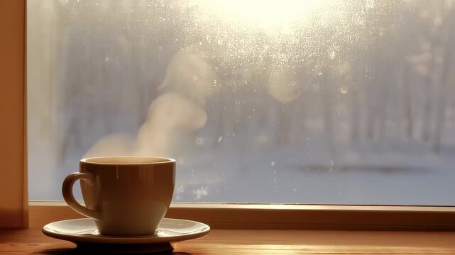 A steaming coffee cup sits on a saucer by a window with condensed water and a snow-covered landscape