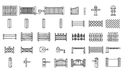 Fototapeta premium Property and construction fencing thin line editable vector icon collection