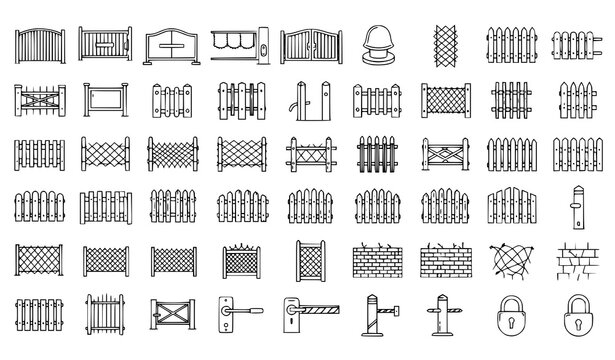 Modern fence and gates thin line editable vector icon pack