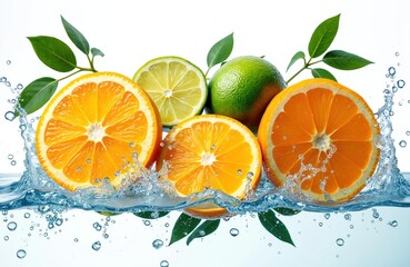 Naklejka premium Oranges and limes splash in water with leaves. Fresh citrus fruits create healthy drink splash. Juicy, vibrant, natural, clean, pure, organic, summer refreshment.